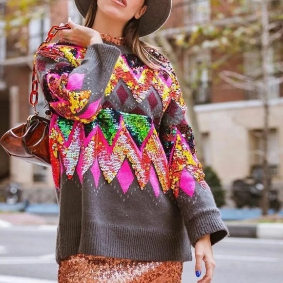 ZARA MULTICOLOR OVERSIZED SEQUIN SWEATER RARE MEDIUM M - Picture 11 of 16